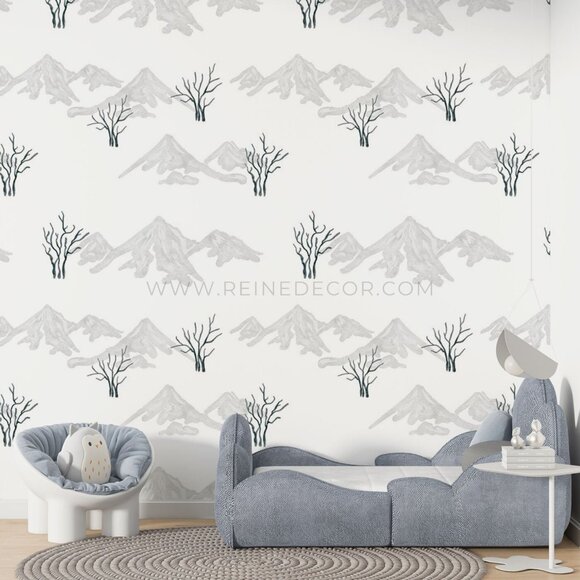 Black and White Mountains and Trees Illustration Wallpaper - Picture 1 of 9